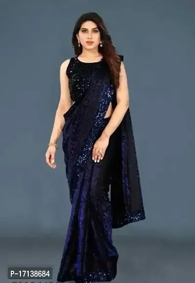 Elegant Navy Blue Daily Wear Embellished Lycra Saree with Blouse Piece