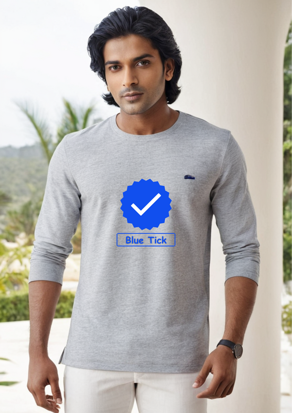 Men Fashion Round neck Blue tick T-Shirt Grey