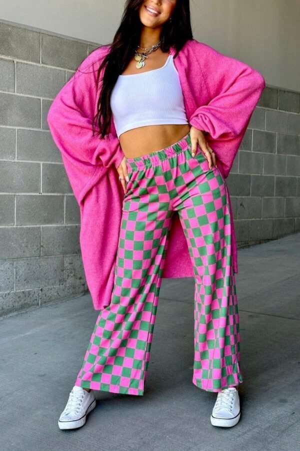 Women’s Plaid Print Straight Pants – Elastic Waist, Loose Fit Trousers with Pockets for Casual Daily Wear - Image 5