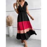 Women’s Color Block Maxi Dress – V-Neck Sleeveless Tiered Sundress for Summer - Image 3