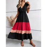 Women’s Color Block Maxi Dress – V-Neck Sleeveless Tiered Sundress for Summer