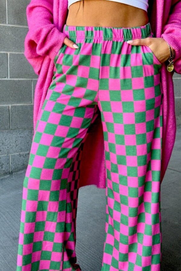 Women’s Plaid Print Straight Pants – Elastic Waist, Loose Fit Trousers with Pockets for Casual Daily Wear - Image 3