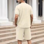 Men's Waffle Knit Zipper Set – Stand Collar Short Sleeve Shirt & Trousers (2-Piece Solid Color Suit) - Image 2