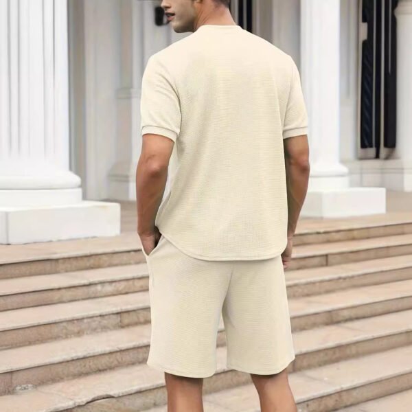 Men's Waffle Knit Zipper Set – Stand Collar Short Sleeve Shirt & Trousers (2-Piece Solid Color Suit) - Image 2