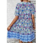 Women’s Boho Floral Print Summer Dress – V-Neck Short Sleeve Flowy Beach Dress with Drawstring Waist - Image 4