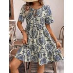 Women’s Boho Floral Print Summer Dress – V-Neck Short Sleeve Flowy Beach Dress with Drawstring Waist