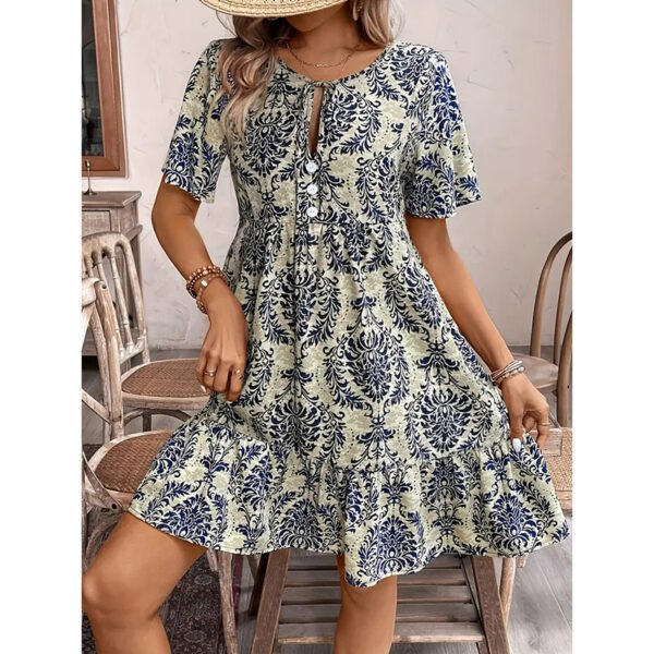 Women’s Boho Floral Print Summer Dress – V-Neck Short Sleeve Flowy Beach Dress with Drawstring Waist - Image 1