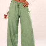 Women's Holiday Tie-Waist Trousers – Textured Linen-Feel, Lightweight & Comfy Fit