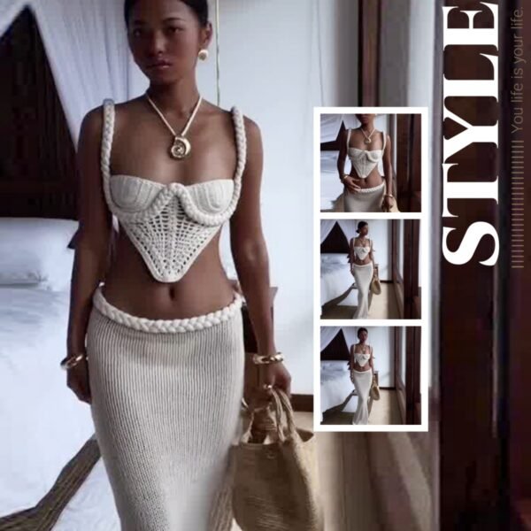 Y2K Crochet 2-Piece Skirt Set – Women's Strapless Tube Top + Low Waist Bodycon Maxi Skirt - Image 1