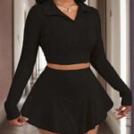 Women’s Lapel Crop Top & Asymmetrical Ruffle Skirt Set – Spring/Fall Vacation 2-Piece Outfit - Image 10