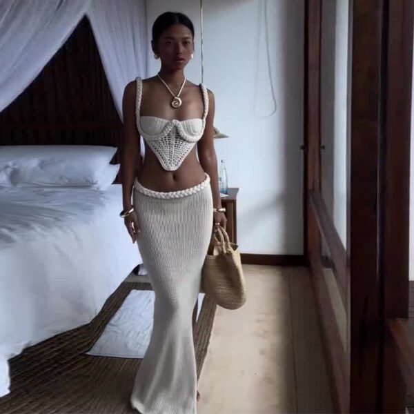 Y2K Crochet 2-Piece Skirt Set – Women's Strapless Tube Top + Low Waist Bodycon Maxi Skirt - Image 5