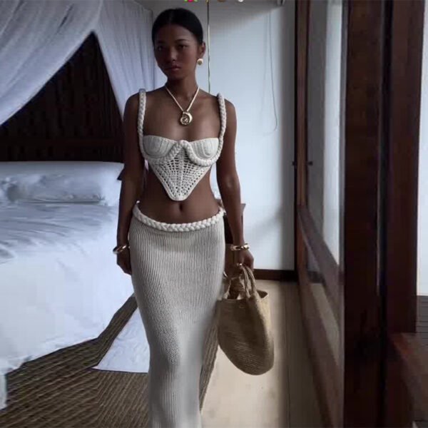 Y2K Crochet 2-Piece Skirt Set – Women's Strapless Tube Top + Low Waist Bodycon Maxi Skirt - Image 2