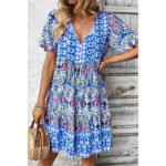 Women’s Boho Floral Print Summer Dress – V-Neck Short Sleeve Flowy Beach Dress with Drawstring Waist - Image 3