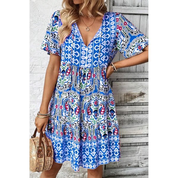 Women’s Boho Floral Print Summer Dress – V-Neck Short Sleeve Flowy Beach Dress with Drawstring Waist - Image 3