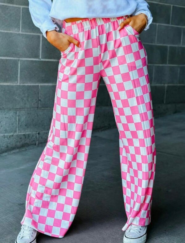 Women’s Plaid Print Straight Pants – Elastic Waist, Loose Fit Trousers with Pockets for Casual Daily Wear - Image 7