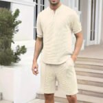 Men's Waffle Knit Zipper Set – Stand Collar Short Sleeve Shirt & Trousers (2-Piece Solid Color Suit)