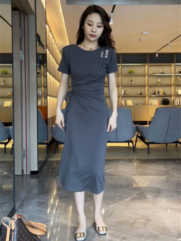 Women's Casual Drawstring Waist Long T-Shirt Dress – Side Slit Design, Relaxed Fit - Image 3