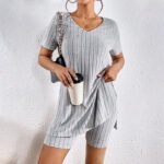 Women’s 2-Piece Lounge Set – Ribbed Knit V-Neck Tee & Shorts Matching Summer Outfit