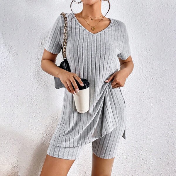 Women’s 2-Piece Lounge Set – Ribbed Knit V-Neck Tee & Shorts Matching Summer Outfit - Image 1