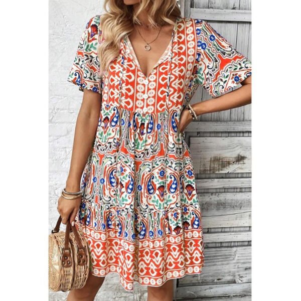Women’s Boho Floral Print Summer Dress – V-Neck Short Sleeve Flowy Beach Dress with Drawstring Waist - Image 9