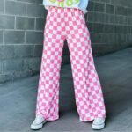 Women’s Plaid Print Straight Pants – Elastic Waist, Loose Fit Trousers with Pockets for Casual Daily Wear