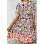 Women’s Boho Floral Print Summer Dress – V-Neck Short Sleeve Flowy Beach Dress with Drawstring Waist - Image 2