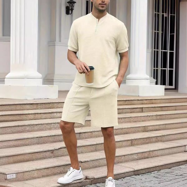 Men's Waffle Knit Zipper Set – Stand Collar Short Sleeve Shirt & Trousers (2-Piece Solid Color Suit) - Image 3