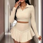 Women’s Lapel Crop Top & Asymmetrical Ruffle Skirt Set – Spring/Fall Vacation 2-Piece Outfit - Image 2