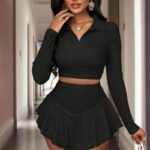 Women’s Lapel Crop Top & Asymmetrical Ruffle Skirt Set – Spring/Fall Vacation 2-Piece Outfit - Image 7