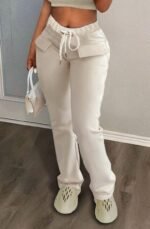 Women’s Solid Color Sports Pants – Casual Drawstring Waist, Comfortable Daily Wear Trousers